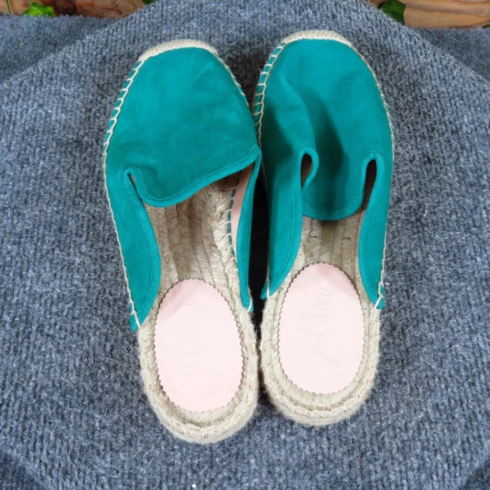 J. Crew AY314 Womens Suede Espadrille Mules 7.5 Summer Slip On Teal Green